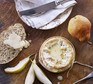 Baked cheese with quick walnut bread & pears